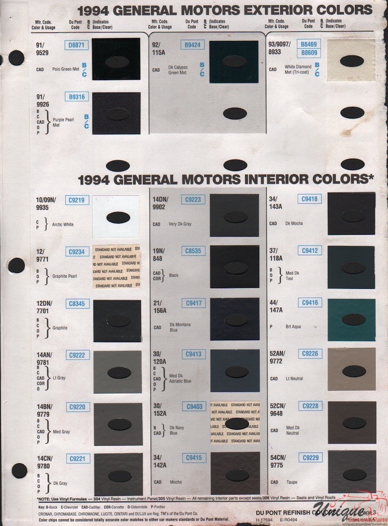 1994 General Motors Paint Charts DuPont 3